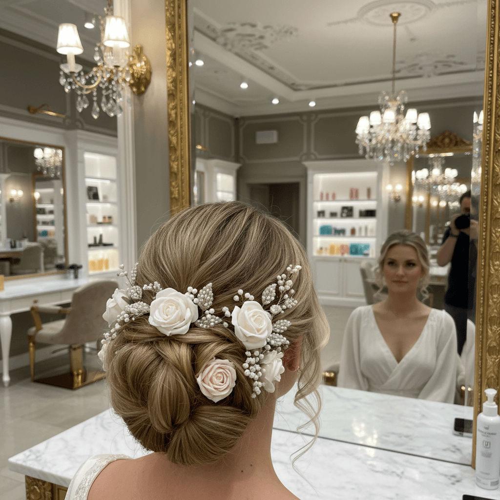 Elegant bridal hairstyle with floral accessories